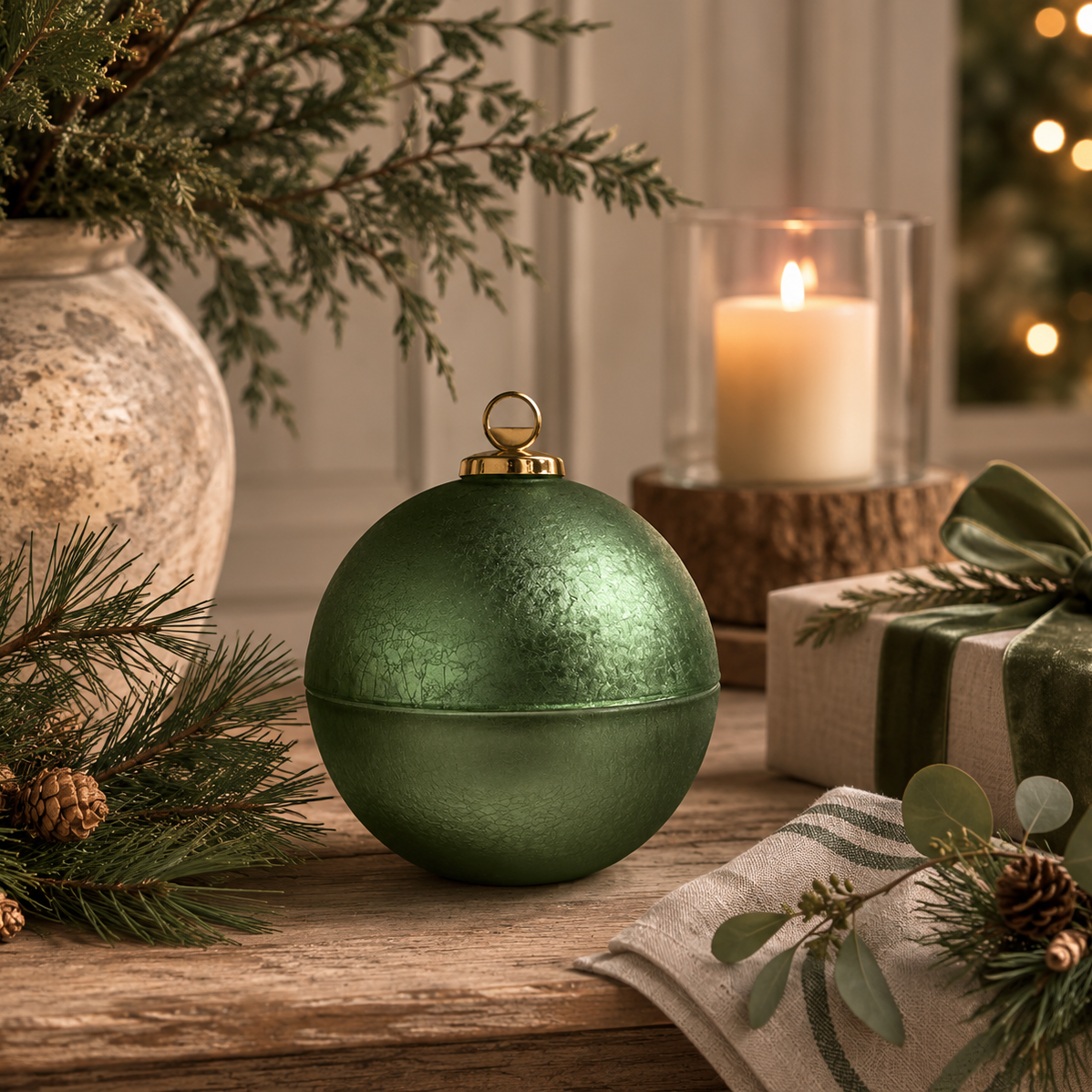 Rustic Christmas Bauble Candle Green Large