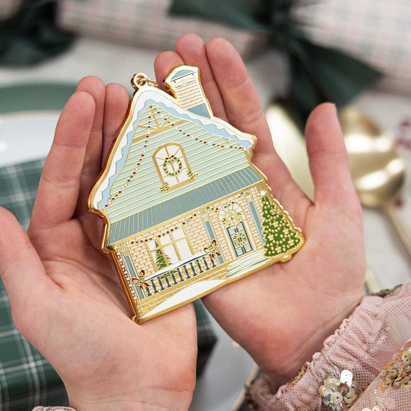 Christmas House Enamel Ornament