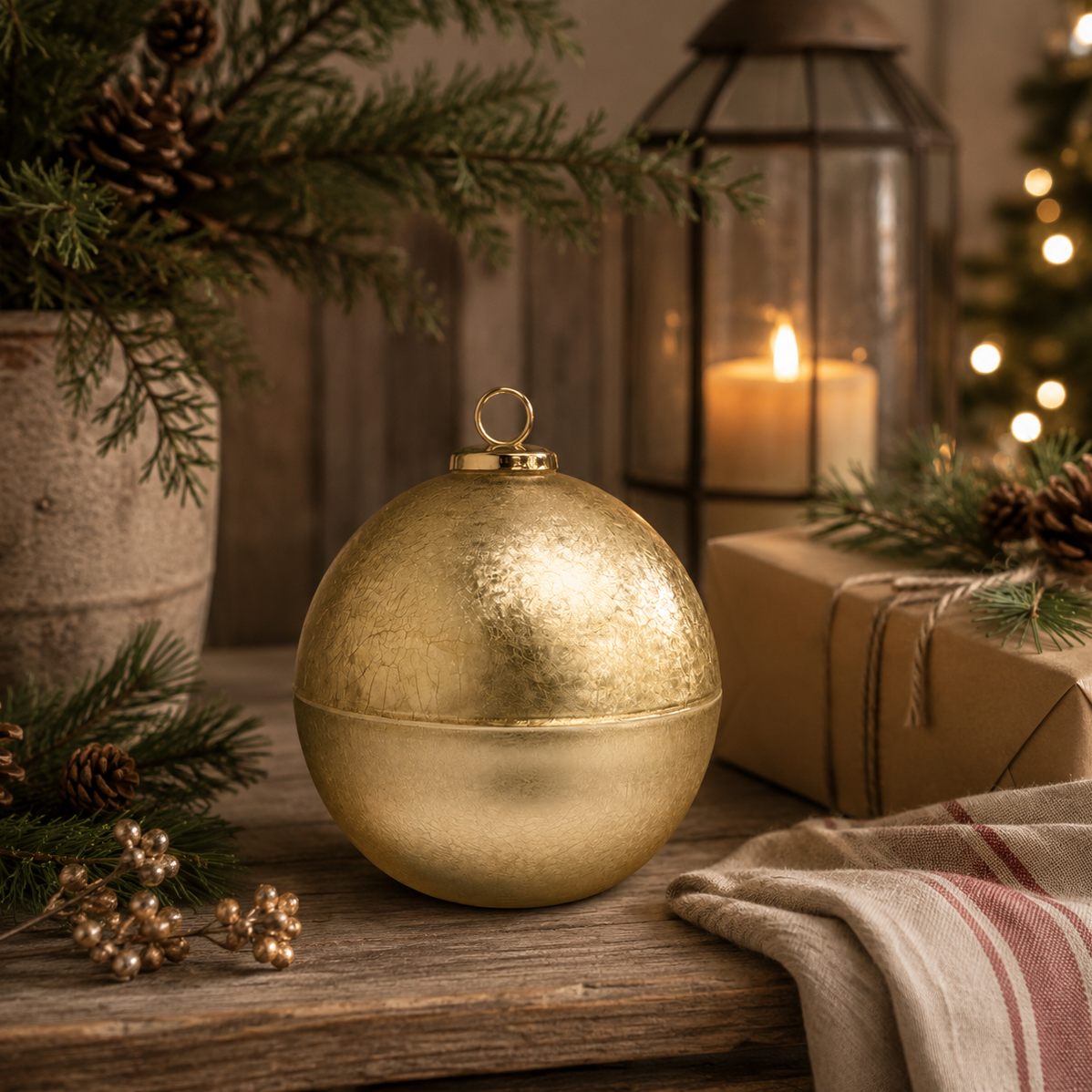 Rustic Christmas Bauble Candle Gold