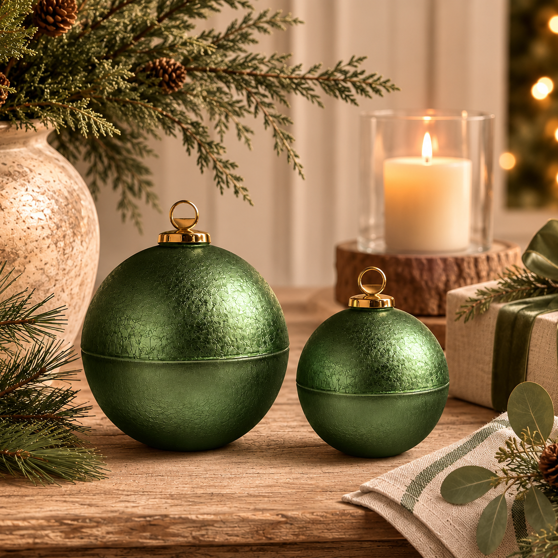 Rustic Christmas Bauble Candle Green